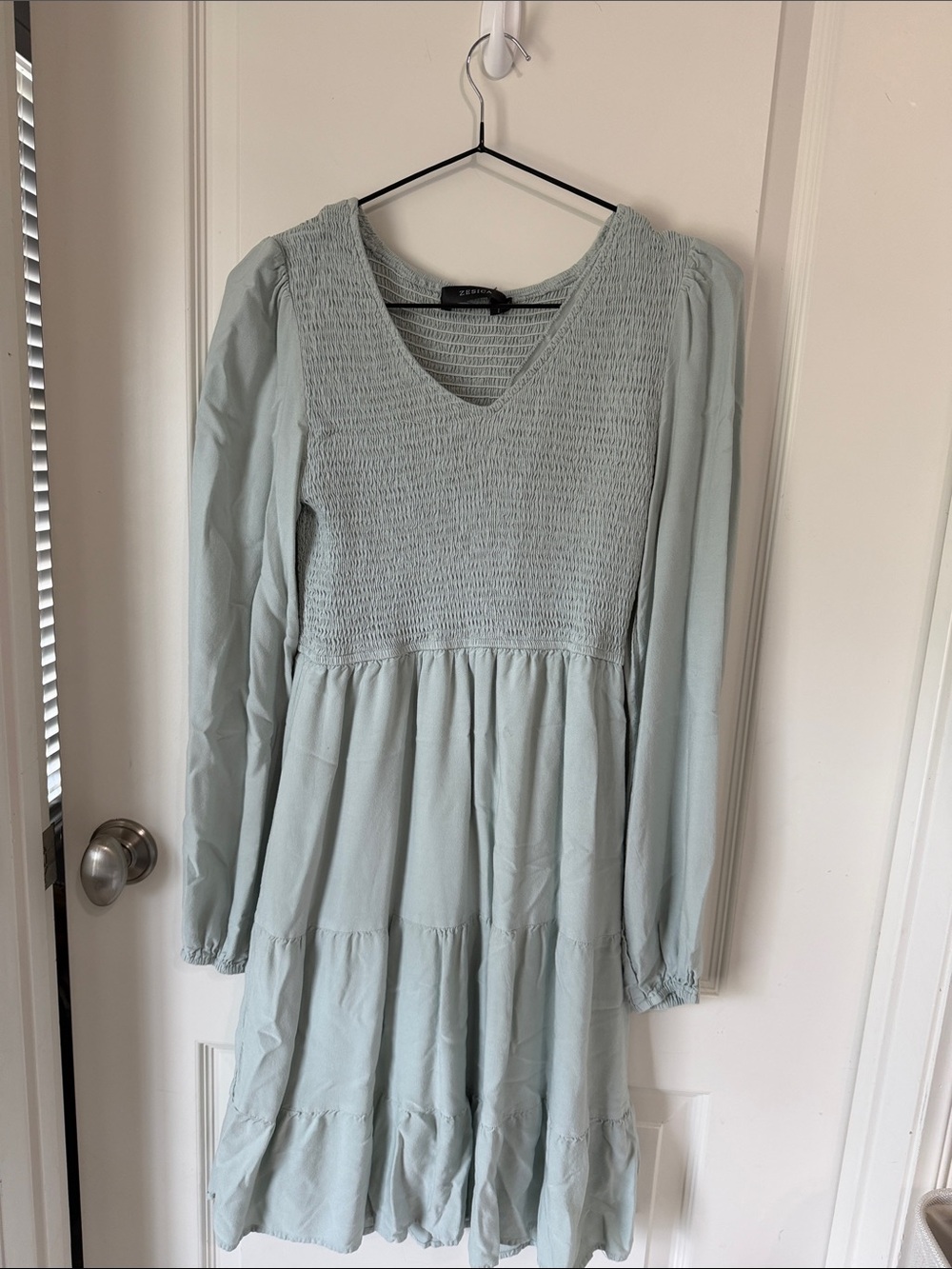 Women's Light Sage Smocked Bodice Long-Sleeve Tiered Dress